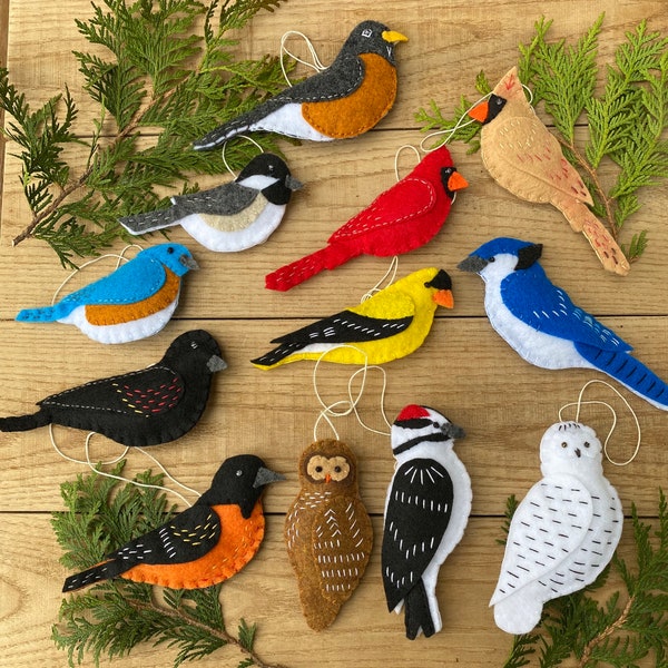 Felt Bird Collection Set of 12 Handmade Bird Ornaments  Christmas Soft Felt Stuffed Birds Woodland Forest Nature Primitive Bird Watcher