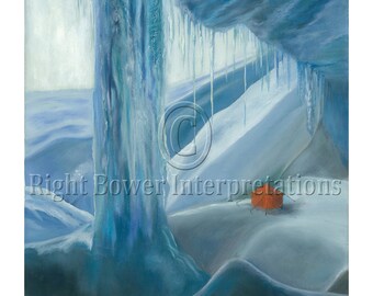 Limited Edition Signed Unframed Wall ART PRINT "Living On The Edge" Ice Snow Winter Camping Landscape High Adventure Outdoor Recreation Blue