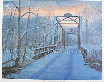Limited Edition Signed GICLEE Wall ART PRINT Winter Landscape Realism, Old Iron Bridge in Snow, Steam Punk, Historical Architectural Bridge