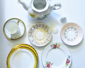 10 Mixed Pieces Vintage China, Grafton Tea Cup & Saucer 2 Seagrave Saucers 3 Tuscan Bread Plates, Unmounted Brooch, Bell, Handpainted Teapot