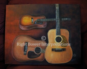 Original Signed Fine Art 20X16 Unframed Oil Painting of 3 Guitars on Canvas Musician Art Musical Family Gift Guitarist Wall Art Decor Browns
