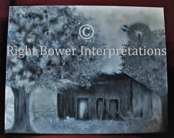 Original Signed 20x16 Unframed Fine Art Oil Painting on Canvas, Black & White Abandoned Farm Landscape, Mysterious, Gothic Ghostly Wall Art