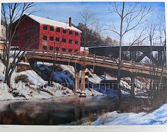 Limited Edition Signed GICLEE Wall ART PRINT "Bridges at the Farm Bureau" Winter Landscape Realism Architecture Old Building Railroad Bridge