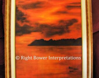 Original Signed Fine Art 20X16 Framed Oil Painting on Panel Sunset Wall Hanging, Ready-To-Hang Wall Art Home Decor, Framed Sunset with Water