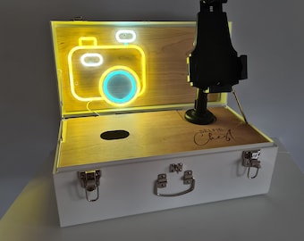 Selfie Wedding Guestbook Chest Suitcase, Personalised Selfie Photobooth with Neon
