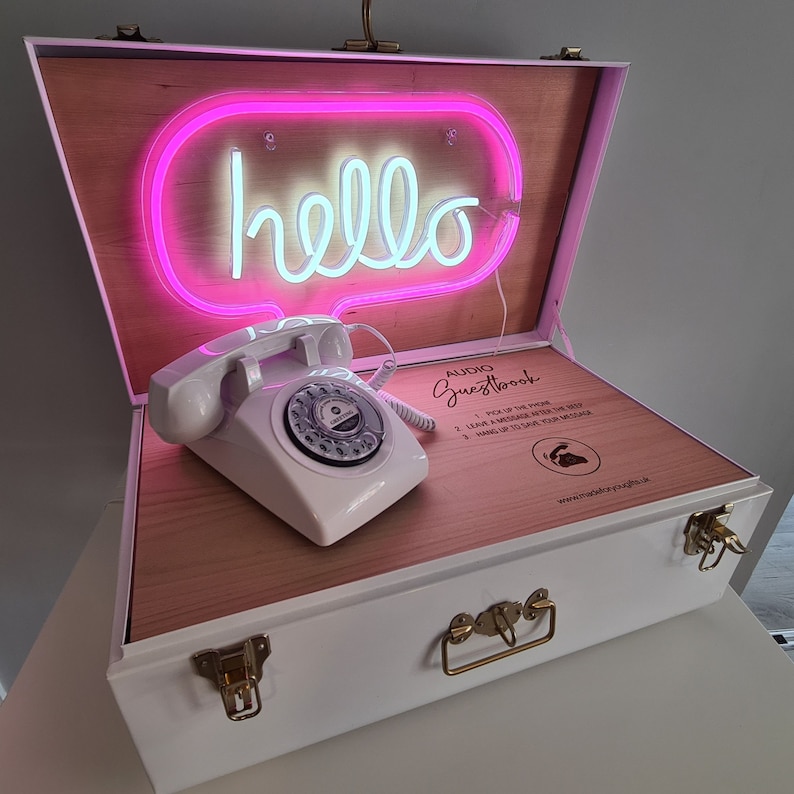 Audio Telephone Guestbook Chest Suitcase, Personalised Audio Guestbook with Neon image 1