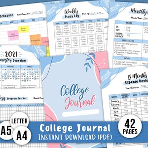 May include: A blue and pink college journal with a weekly study log, monthly review, and 12-month expense review. The journal includes sections for class schedule, semester overview, thesis progress tracker, and financial goals. The journal has 42 pages.