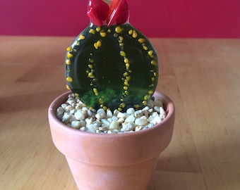 Flowering cactus pot, fused glass art, teacher gift, stained glass cacti, evergreen house plant, gift for succulent lover