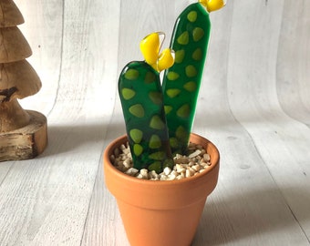 Tall cactus pot, fused glass art, new home, office decor, collectible succulents, artificial plant, gift for cactus lover