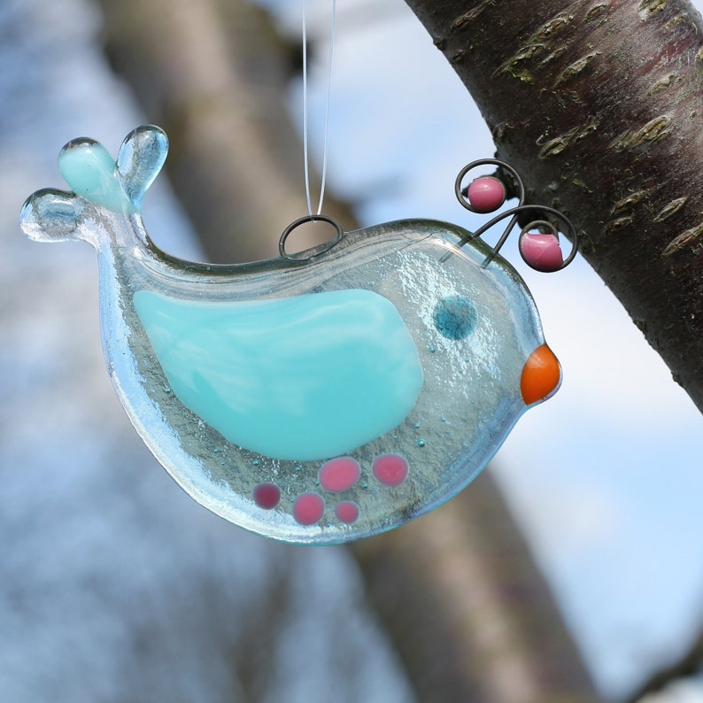 Bird suncatcher glass hanging ornament for garden or window decoration, nature lover, spring and Easter gift Aqua