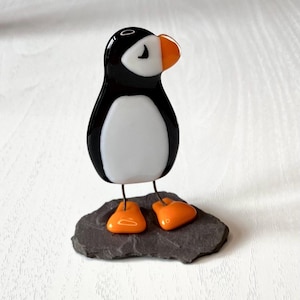 Fused Glass Puffin on Slate: Handmade British Sea Bird Gift