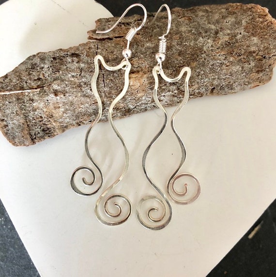 Cat Earrings Sterling Silver Dangle Earrings Cat Lover Wire Etsy