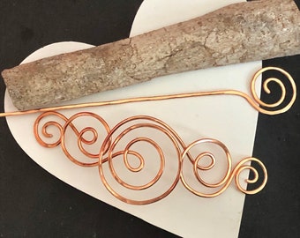 Swirly hair stick, copper barrette, shawl pin, scarf slide, sweater clip, brooch pin, hair jewelry, gift for her, women accessories