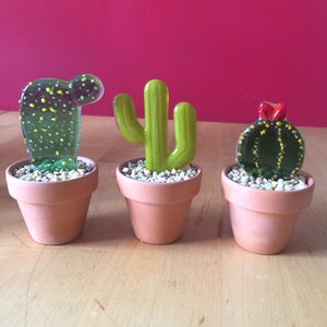 Fused Glass Cactus Pots, Set of Three, Handmade Home Decor