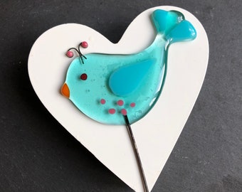 Glass bird stakes for flower bed or plant pot, fused glass art, suncatcher garden gift, bird or budgie lover, Easter decor