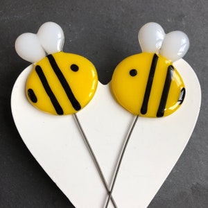 Glass Bee plant pot stakes for window sill, flower bed, window box and garden decoration, fused glass bumble bee, handmade gift