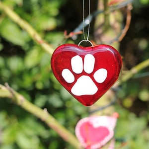 Paw Prints glass heart hanging ornament, cat lover gift, pet memorial gift, stocking filler