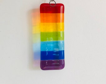 Rainbow suncatcher for window, teacher gift, fused glass art, wall hanger, stained glass panel