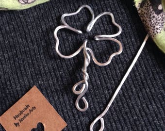 Lucky clover pin brooch, silver shamrock, knitwear brooch, 4-leaf clover, good luck, St Patrick's Day, exam gift, handmade jewelry, for her