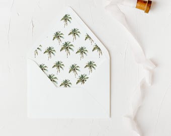 Watercolor Palm Tree Tropical Destination Wedding Lined Envelopes