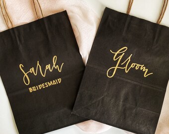 Custom Black Gift bags | Personalized gift bags | Wedding Welcome Bags | Bridesmaid Gift Bags | Gold Calligraphy Gift Bags