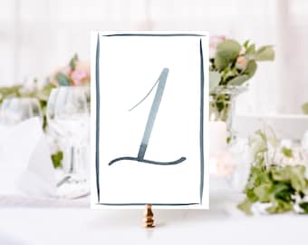 INSTANT Navy Blue Watercolor Table Numbers TEMPLATE, Hand Written Table Numbers, Printable Table Numbers, Watercolor Wedding Table Numbers