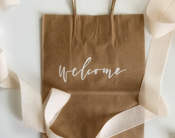 Custom Kraft Gift bags | Personalized gift bags | Wedding Welcome Bags | Bridesmaid Gift Bags | White Calligraphy Gift Bags