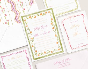 Floral Watercolor Wedding Invitation, Whimsical Painted Design
