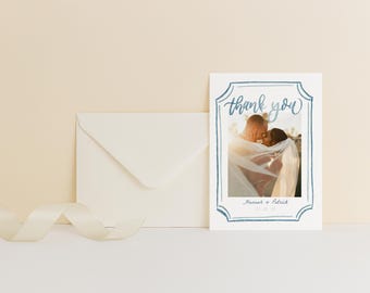 Printable Photo Wedding Thank You Card, Hand Painted Watercolor