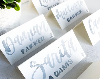 May include: A set of five place cards with names written in silver calligraphy on white cardstock. The names are "Larry Teller", "Mackenzie Barker 5", "Olivia Parker 2", "Sarita Adams 1", and "Cameron".