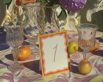 Retro Wavy Border Watercolor Table Numbers, Bright Colors, Like Custom Watercolor Wedding Template (Digital Download)