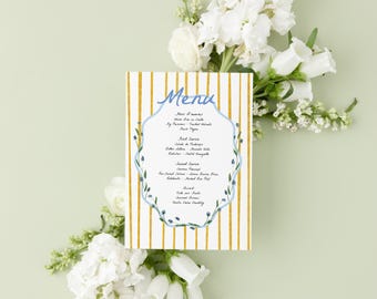 Instant Download French Blue Menu, Watercolor Striped, Parisian Garden Printable