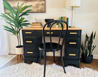 Vintage Solid Wood Black Double Pedestal Desk / Vanity and Chair