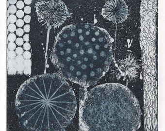 May include: A black and white print of stylized flowers with a textured background. The print is titled "Alliums" and is numbered 2/10. The artist's name, Jill Welham, is also included.