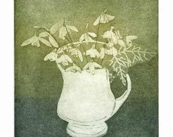 Cup of Hope, Etching Fine Art Original Print of a mug of snowdrops