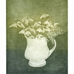 Cup of Hope, Etching Fine Art Original Print of a mug of snowdrops