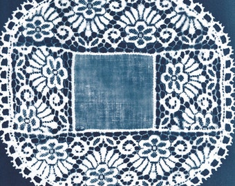 Vintage Doily Blue Table Decor Round Doily Cyanotype Print on Fabric