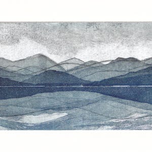 Original etching print of an abstract landscape of mountains and reflections in a loch
