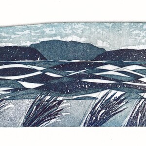 May include: A blue and white abstract print of a landscape with a mountain range in the distance, a body of water in the middle ground, and grass in the foreground.