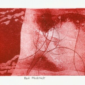 May include: Red abstract print with a textured background and a design of overlapping circles and lines. The print is numbered 1/10 and signed "JW".