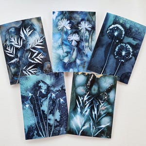 Cyanotype Botanical Art Cards: Flowers and Leaf Prints, Set of 5
