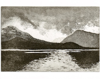 Original etching inspired by a view across Loch Maree, Scottish Highlands