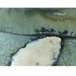 May include: Abstract watercolor painting with a blue-green background and a white, cloud-like shape in the center. The painting features a dark silhouette of trees in the background.