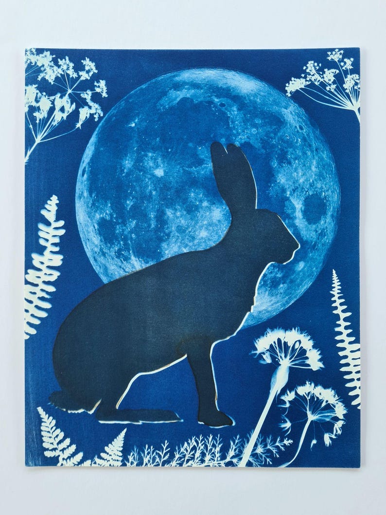 Cyan Blue Rabbit Original Cyanotype Print of a Hare Silhouette With a Full Moon and ...