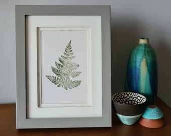 Small original monotype print of a little fern frond printed in green ink