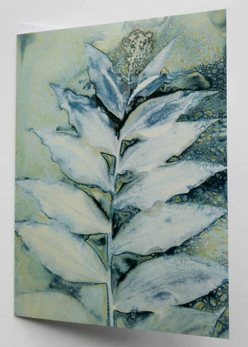May include: A watercolor painting of a blue and green plant with a white flower. The plant is painted in a realistic style, with delicate details of the leaves and stem. The background is a soft blue and green, creating a calming and serene atmosphere.
