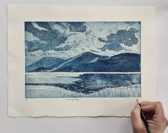 Original etching inspired by a view over Loch Tay, Scotland.