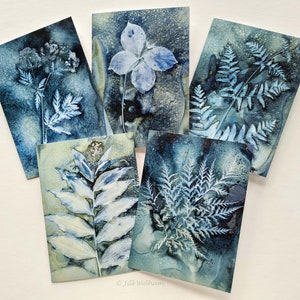 Cartes d'art botanique, lot de cinq cartes d'impressions originales en cyanotypie humide par Jill Welham de The Secret Garden Collection