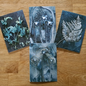 Cartes d'art botanique, lot de quatre cartes à partir d'impressions originales en cyanotypie humide. Fougères, alliums, perce-neige et fleurs sauvages