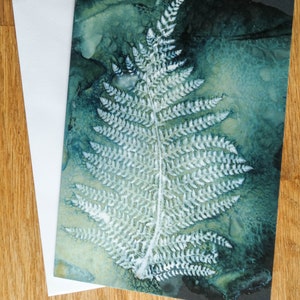 Carte de voeux botanique vierge à partir d'une impression cyanotypée originale d'une fronde de fougère par Jill Welham